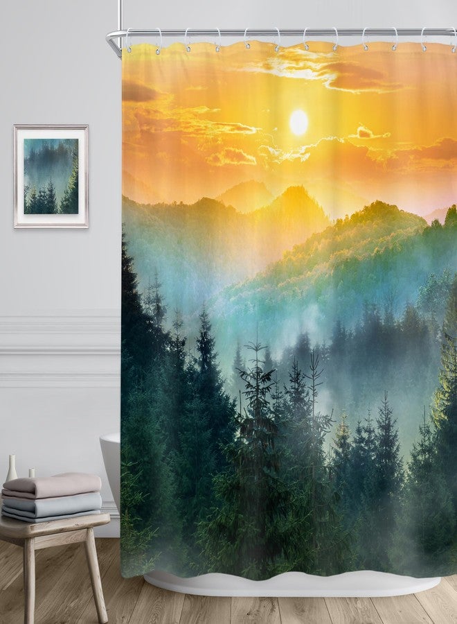 ريديكور ستارة حمام من رييديكور، بتصميم غابة جبلية، مقاس 60 بوصة عرض × 72 بوصة ارتفاع، لون أخضر ضبابي، أشجار صنوبر، شروق الشمس وغروبها، منظر طبيعي خلاب، ديكور حمام ريفي، مصنوعة من قماش البوليستر المقاوم للماء، مع 12 خطافًا. - Image 3