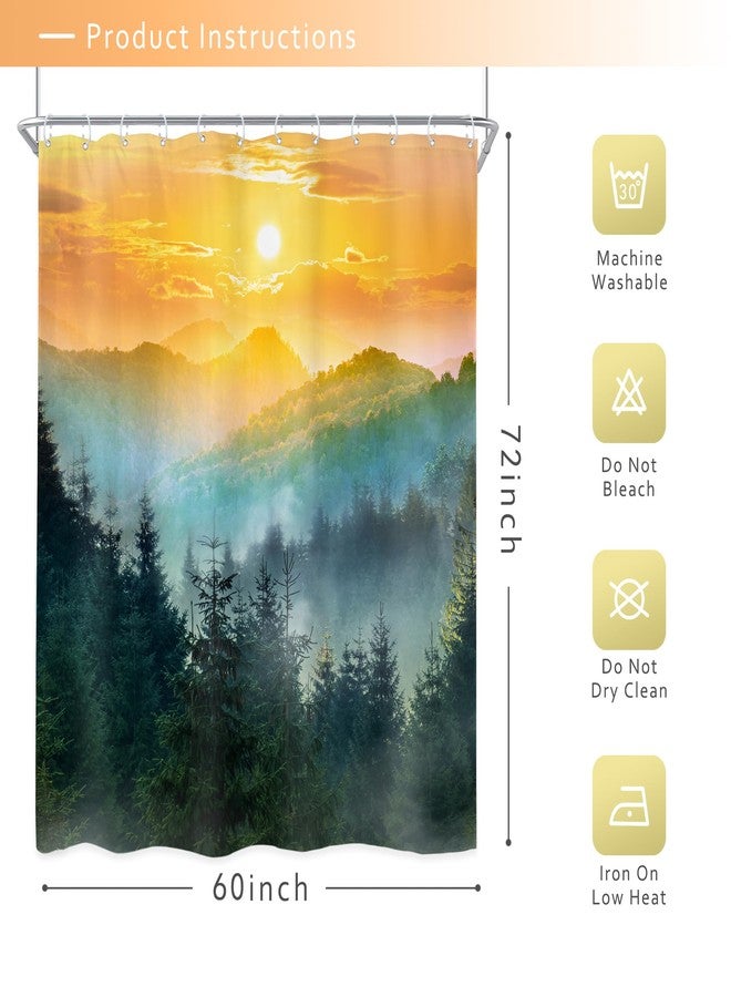 ريديكور ستارة حمام من رييديكور، بتصميم غابة جبلية، مقاس 60 بوصة عرض × 72 بوصة ارتفاع، لون أخضر ضبابي، أشجار صنوبر، شروق الشمس وغروبها، منظر طبيعي خلاب، ديكور حمام ريفي، مصنوعة من قماش البوليستر المقاوم للماء، مع 12 خطافًا. - Image 5