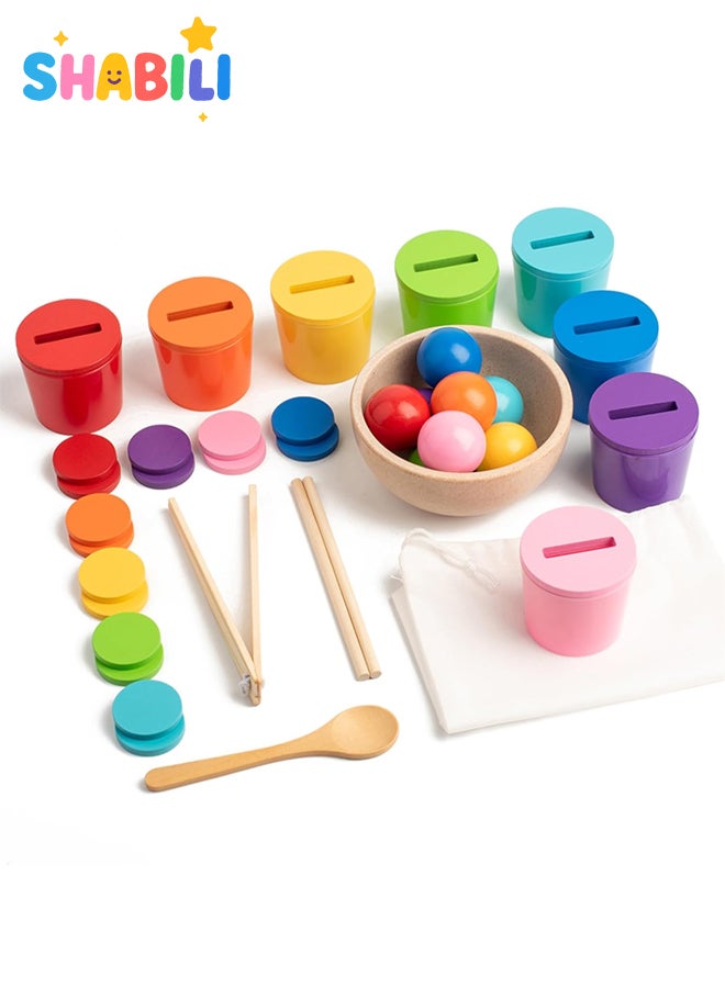 Montessori Wooden Color Sorting & Counting Cups STEM Toy for Ages 18M+, Toddler Preschool Fine Motor Set with Beads, Tweezers, Spoon & Chopsticks, Storage Bag and Wooden Bowl for Home & Classroom (Multicolor)
