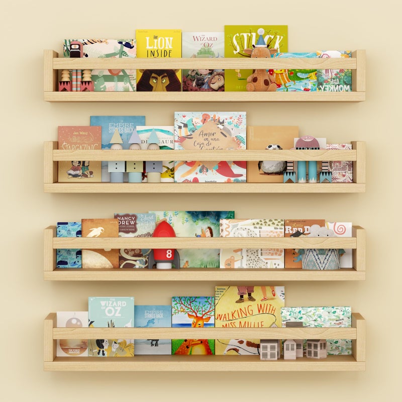 Onlysky Set of 4 WallMounted Kids Bookshelf  Wood Floating Nursery Book Shelves  Durable Wood Construction  Ideal for Nursery Decor Kids Room Toy Storage