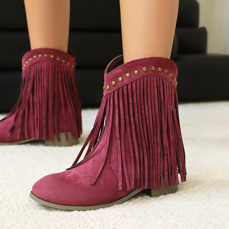 Foreign Orders 2025 Low-Heeled Suede 40-48 Large Size Tassel Boots Rivet Casual Short Boots - Image 3