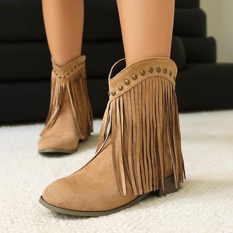 Foreign Orders 2025 Low-Heeled Suede 40-48 Large Size Tassel Boots Rivet Casual Short Boots - Image 2