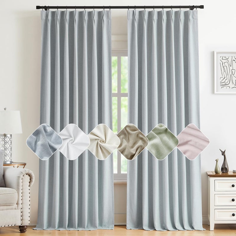 Kayne Studio Blue Gray Pinch Pleated Full Blackout Curtains, Linen Blend Room Darkening Thermal Insulated Soundproof Drapes, 84 Inch Back Tab Window Curtains for Living Room Bedroom(2 Panels, 40"x84") - Image 1
