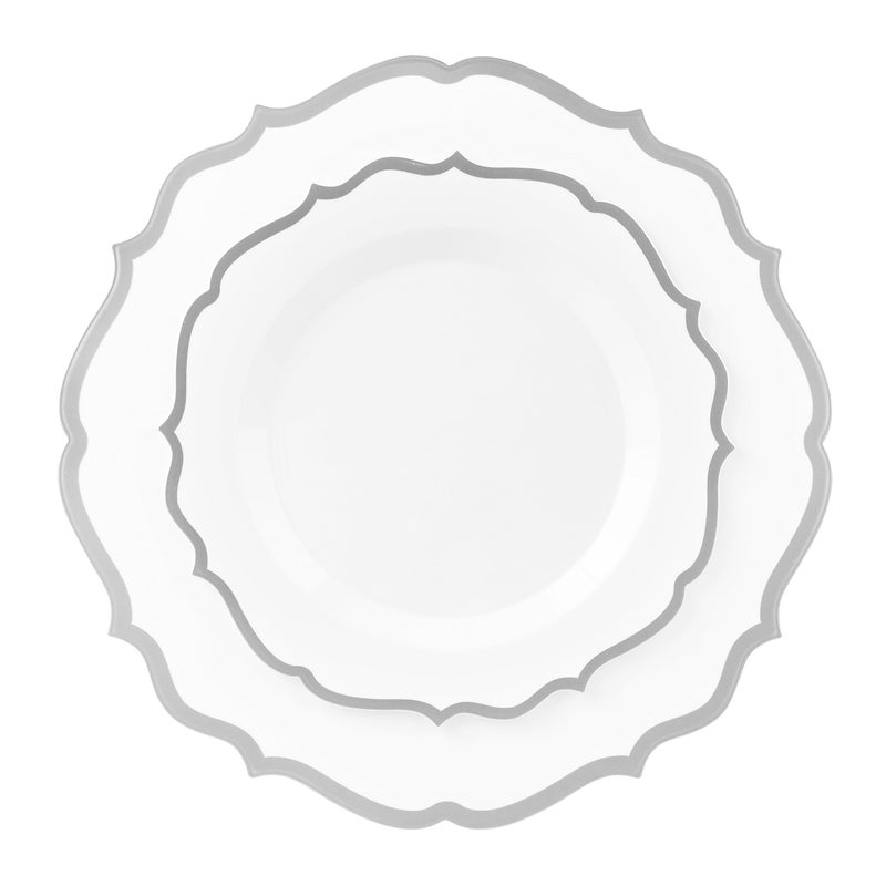 PLASTICPRO 32 Pack Elegant Disposable Plastic Plates Combo Set Includes 16 Dinner Plates and 16 Salad Plates Heavy Duty Fancy Party Plates White & Silver Contemporary Design - Image 4