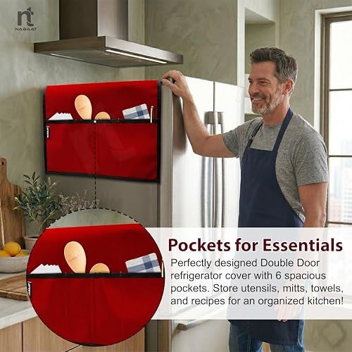 NABAAT Premium Fridge Cover Top for Double Door Refrigerator Kitchen Decor Durable Dustproof Waterproof Modern Design with 6 Side Pockets for Kitchen Accessories - 170 x 65cm (Red) - Image 5