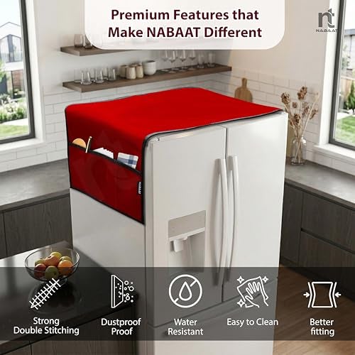 NABAAT Premium Fridge Cover Top for Double Door Refrigerator Kitchen Decor Durable Dustproof Waterproof Modern Design with 6 Side Pockets for Kitchen Accessories - 170 x 65cm (Red) - Image 4
