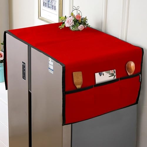 NABAAT Premium Fridge Cover Top for Double Door Refrigerator Kitchen Decor Durable Dustproof Waterproof Modern Design with 6 Side Pockets for Kitchen Accessories - 170 x 65cm (Red) - Image 1