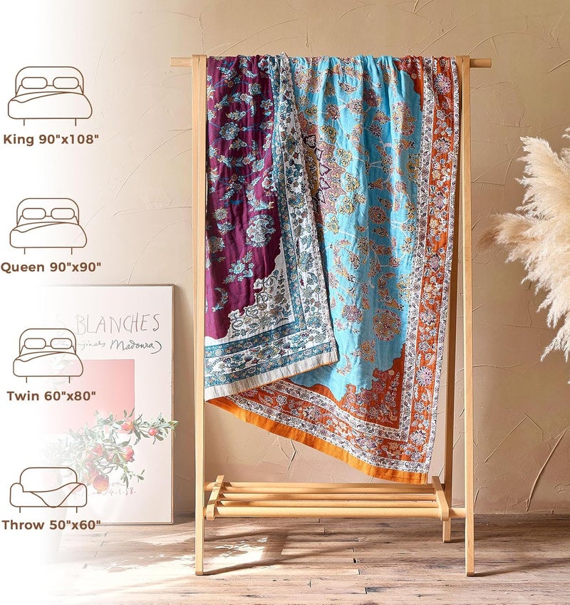 LUTBM Boho Throw Blanket for Couch Sofa Chair Cotton Blankets for Bedroom Living Room All Season Lightweight Reversible Floral Embroidery Decorative Throws 50"x60" - Image 5