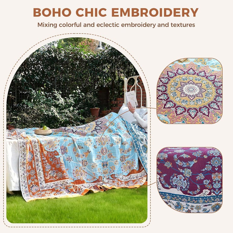 LUTBM Boho Throw Blanket for Couch Sofa Chair Cotton Blankets for Bedroom Living Room All Season Lightweight Reversible Floral Embroidery Decorative Throws 50"x60" - Image 4