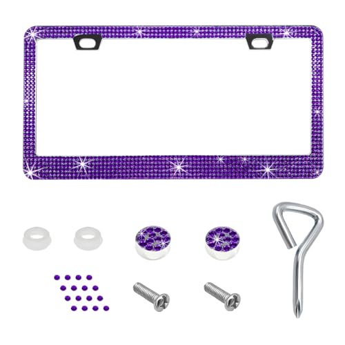 MUQIDA Bling License Plate Frame Sparkly Rhinestone Car Tag Cover with Glittery Screw Caps Stainless Steel Handcrafted Crystal Licence Plate Holder for Women Car Accessories Purple - Image 1