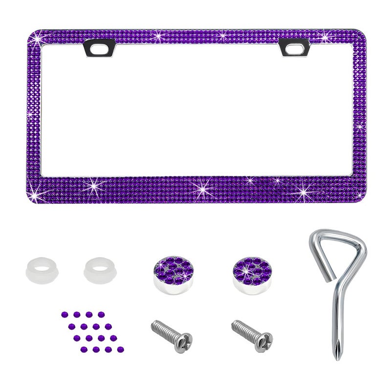 MUQIDA Bling License Plate Frame Sparkly Rhinestone Car Tag Cover with Glittery Screw Caps Stainless Steel Handcrafted Crystal Licence Plate Holder for Women Car Accessories Purple - Image 3