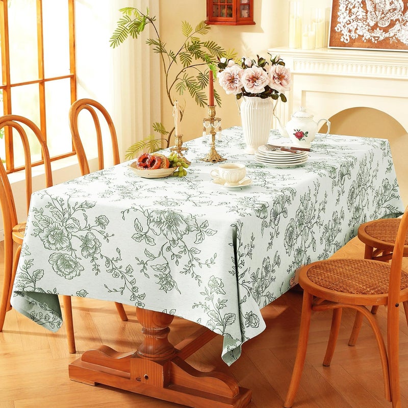 Premium Vintage Farmhouse Damask Floral Table Cloth - 60 x 120 inch Water Resistant Jacquard Tablecloth in Green - Image 2