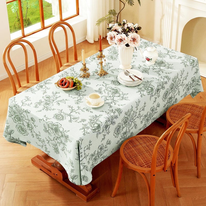 Premium Vintage Farmhouse Damask Floral Table Cloth - 60 x 120 inch Water Resistant Jacquard Tablecloth in Green - Image 3