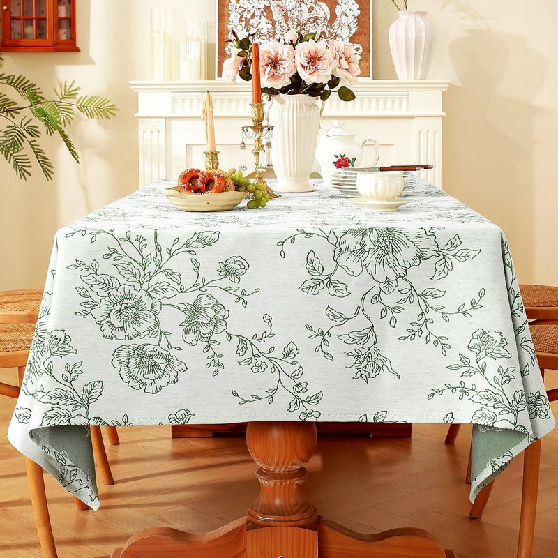 Premium Vintage Farmhouse Damask Floral Table Cloth - 60 x 120 inch Water Resistant Jacquard Tablecloth in Green - Image 1