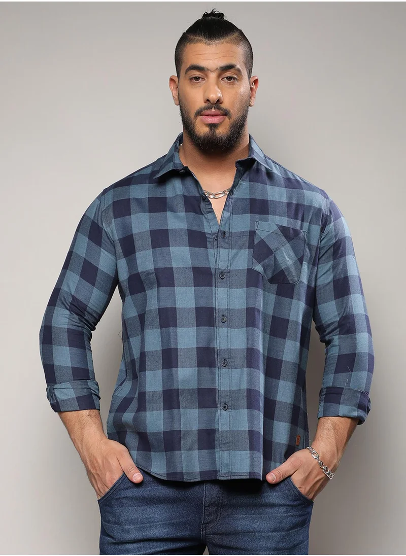 Instafab Plus Instafab Plus Men's Prussian Blue Buffalo Check Shirt For Casual Wear | Spread Collar | Long Sleeve | Button Closure | Shirt Crafted With Comfort Fit For Everyday Wear