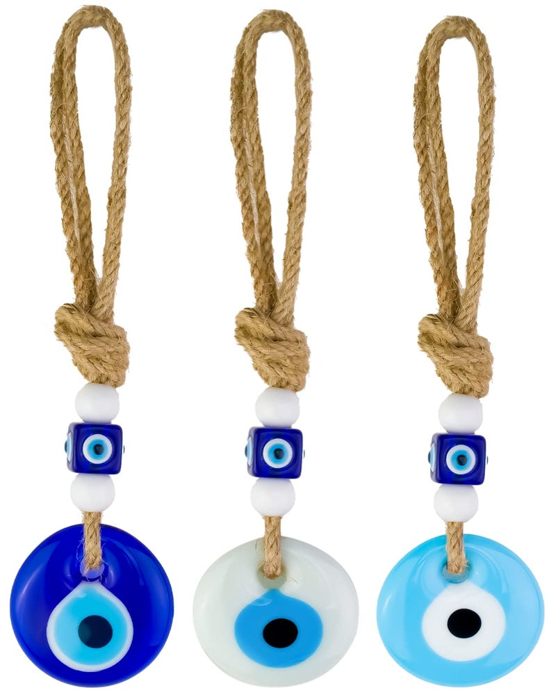 BCS Evil Eye Car Hanging Ornament Rear View Mirror Accessories 18 W x 9 L Glass Decor Turkish Greek Nazar Amulet Good Luck Protection Charm Ojo Turco para Carro Navy White Light Blue Set of 3