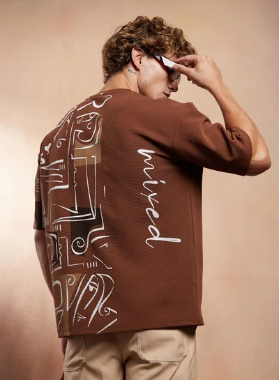 Campus Sutra Campus Sutra Men's Mocha Brown Boxy Folk-Wave T-Shirt For Casual Wear | Crew Neck | Short Regular Sleeves | Pull On Closure | T-Shirt Crafted With Comfort Fit For Everyday Wear