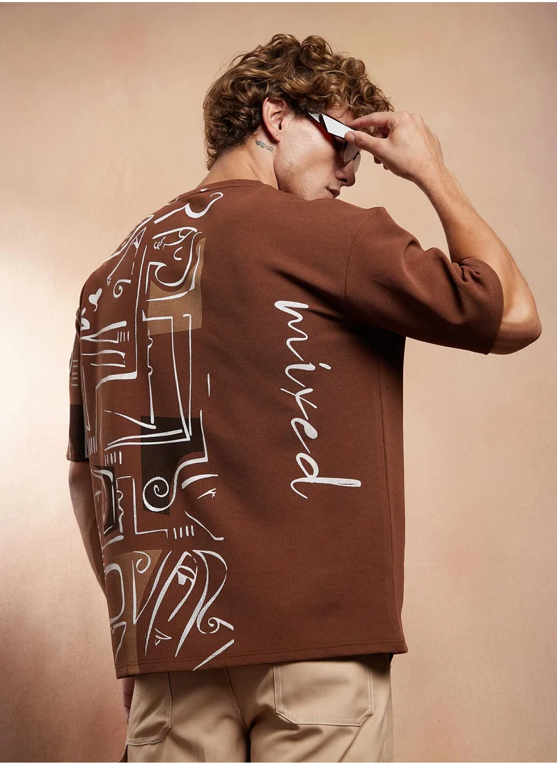 Campus Sutra Campus Sutra Men's Mocha Brown Boxy Folk-Wave T-Shirt For Casual Wear | Crew Neck | Short Regular Sleeves | Pull On Closure | T-Shirt Crafted With Comfort Fit For Everyday Wear
