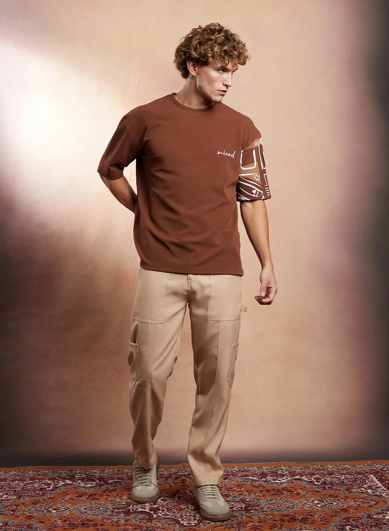 Campus Sutra Campus Sutra Men's Mocha Brown Boxy Folk-Wave T-Shirt For Casual Wear | Crew Neck | Short Regular Sleeves | Pull On Closure | T-Shirt Crafted With Comfort Fit For Everyday Wear