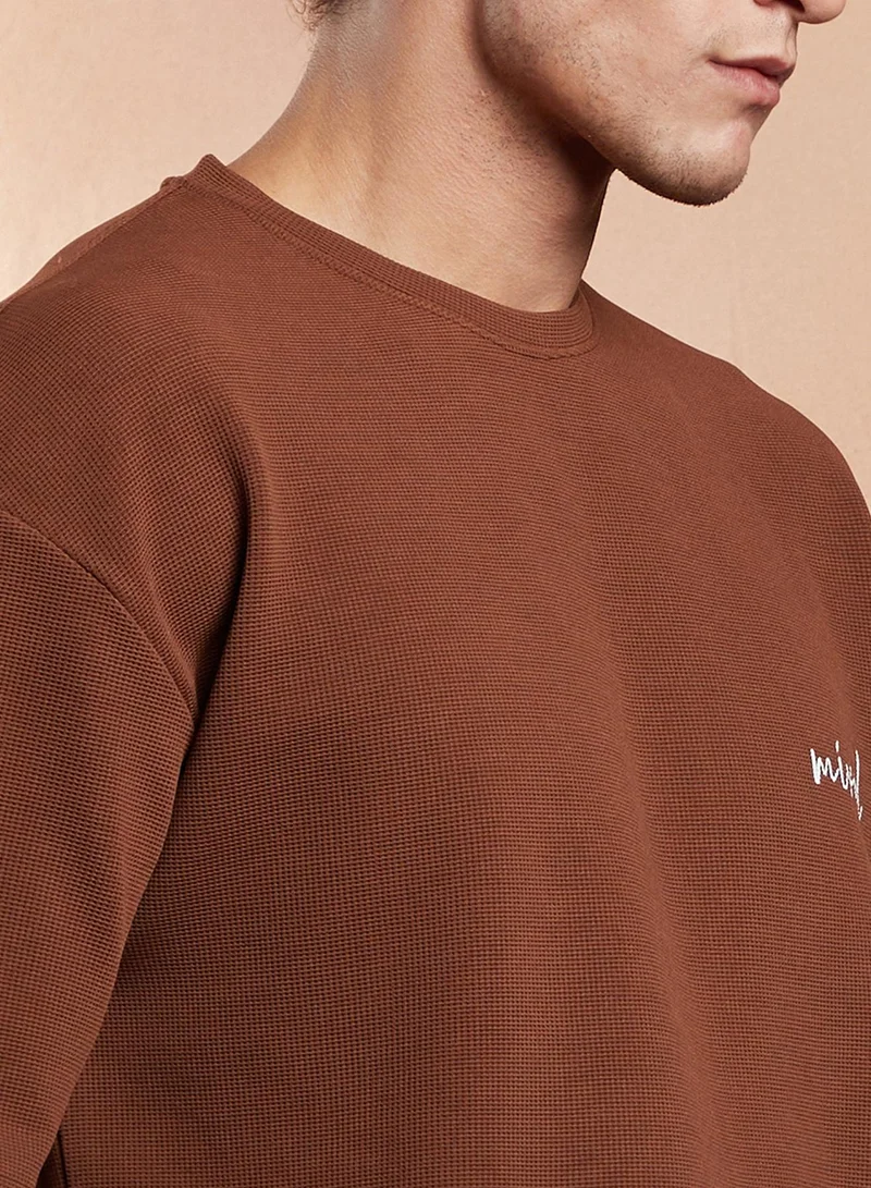 Campus Sutra Campus Sutra Men's Mocha Brown Boxy Folk-Wave T-Shirt For Casual Wear | Crew Neck | Short Regular Sleeves | Pull On Closure | T-Shirt Crafted With Comfort Fit For Everyday Wear