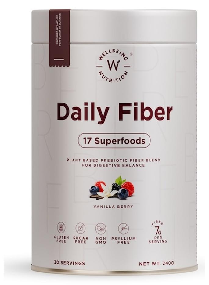 WELLBEING NUTRITION Daily Fiber Supplement for Constipation & Weight Loss (GLP-1) | 7g Natural & Organic Prebiotic Fiber, Isabgol Free | For Bloating, Indigestion, Acidity | Vanilla Berry, 30 Servings - Image 1