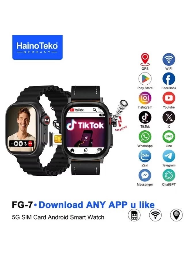 HainoTeko FG-7 5G Smartwatch with SIM Support, GPS Location Tracking, HD Camera, Wi-Fi Connectivity, Android Operating System, IP67 Waterproof Fitness Watch with Heart Rate & Health Monitoring, Long Battery Life, Large Full Touch Display, Compatible with Android & iOS Phones for Daily Use, Sport & Outdoor Activities - Image 1