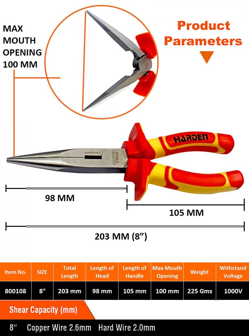 HARDEN 8" Insulated Long Nose VDE Pliers, Withstand 1000V - 800108 - Image 2