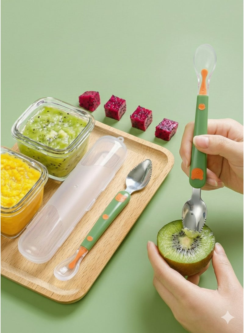 2-in-1 Baby Fruit Scraping Spoon and Soft Silicone Feeding Spoon - Dual-Sided Stainless Steel and Food-Grade Silicone Utensil for Infants and Toddlers - Image 2