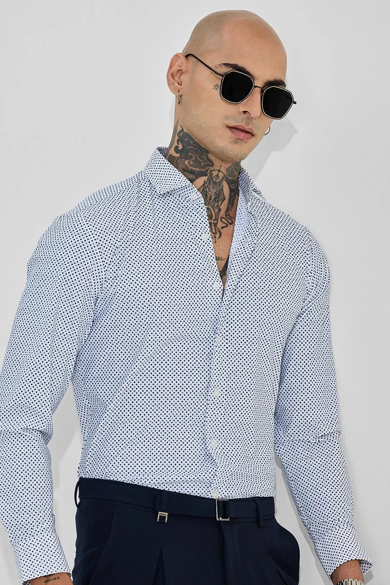 سنيتش White Geometric Long Sleeve Slim Fit Shirt