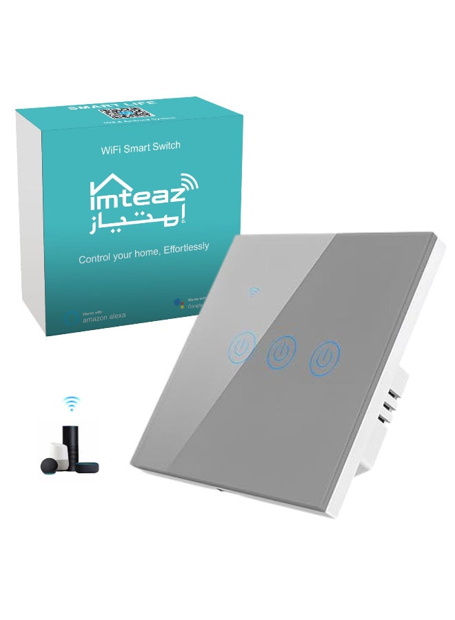 Imteaz WiFi Smart Wall Light Switch, No Neutral Wire Required, No Hub Required, Compatible with Google Home & Alexa, Touch & App Remote Control, Timing Function & Voice Control  (Gang 3, Grey) - Image 1