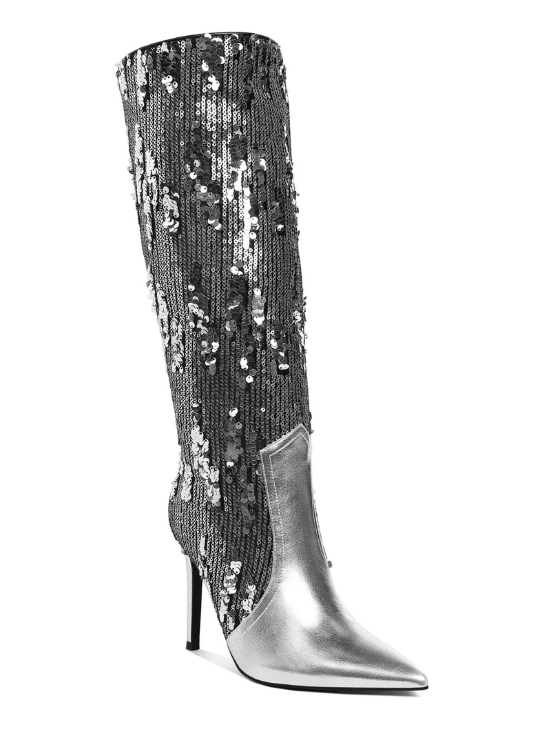 London Rag Sequin Embellished Metallic Long Boots in Silver