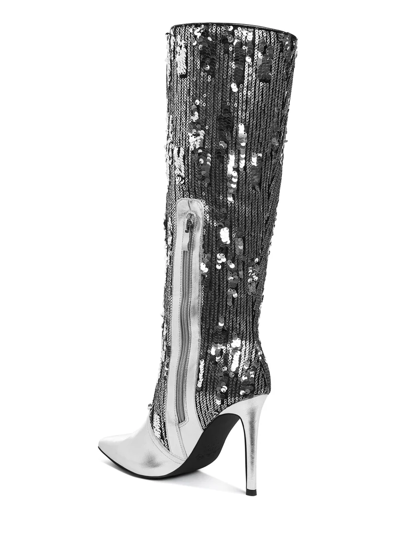 London Rag Sequin Embellished Metallic Long Boots in Silver