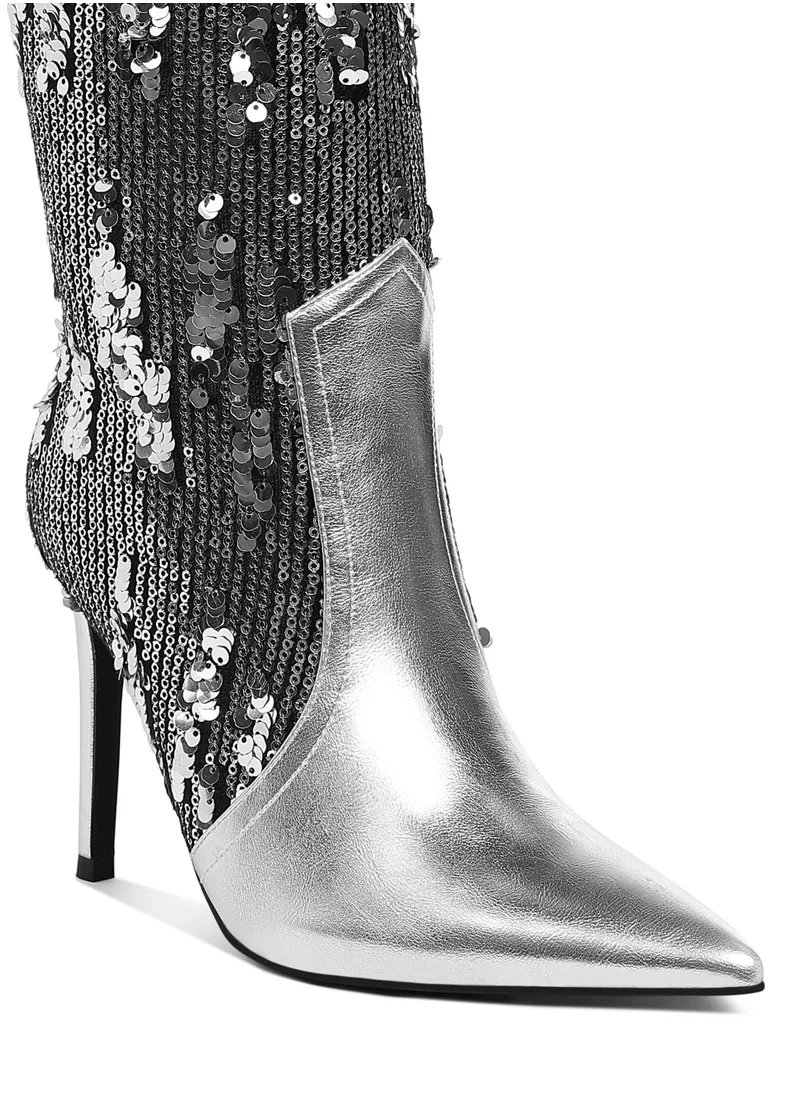 London Rag Sequin Embellished Metallic Long Boots in Silver