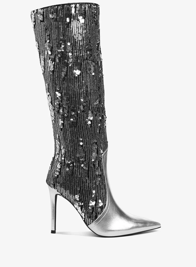 Sequin Embellished Metallic Long Boots in Silver