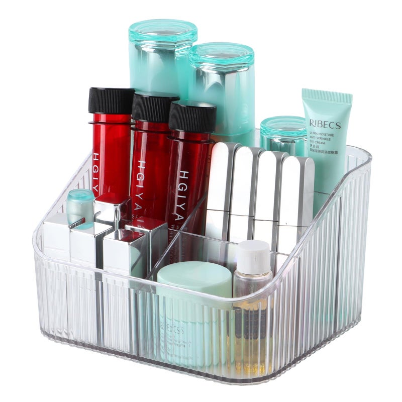 OSteed Clear Makeup Brush Holder & Organizer for Vanity, Bathroom Countertop - 5 Cup Toiletry Organizer, Storage & Display for Skincare, Perfume, Hairbrush, Sunglasses & Desk Accessories - Image 1