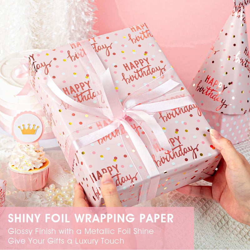MAYPLUSS Reversible Pink Birthday Wrapping Paper Roll, Girl Gift Wrapping Paper, Metallic Foil Happy Birthday Pattern Girly Gift Wrap for Gift Packaging, Women Party, Celebrations (17 Inch x 33 Feet) - Image 2