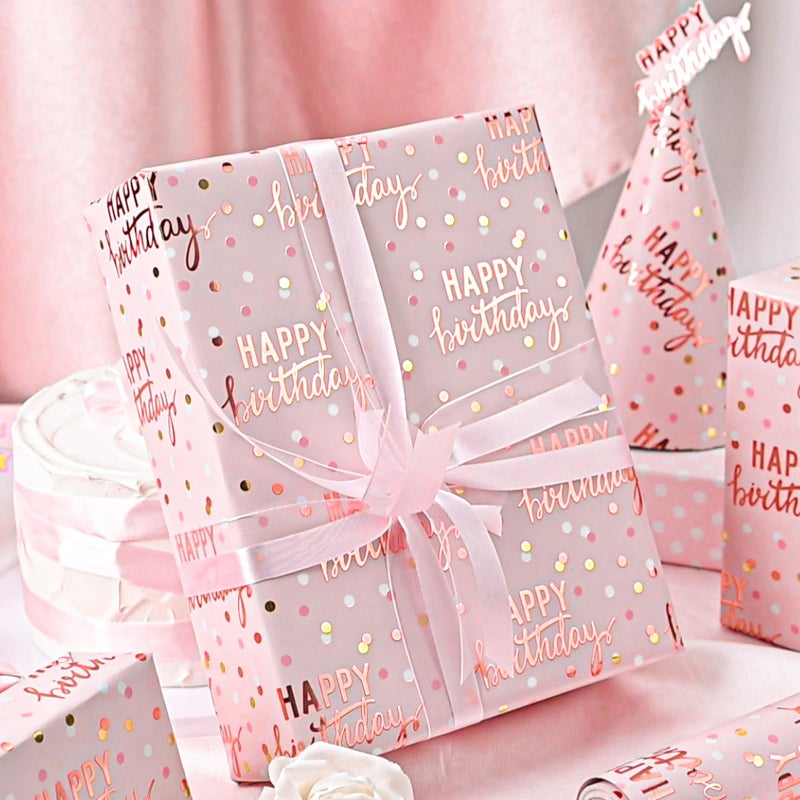MAYPLUSS Reversible Pink Birthday Wrapping Paper Roll, Girl Gift Wrapping Paper, Metallic Foil Happy Birthday Pattern Girly Gift Wrap for Gift Packaging, Women Party, Celebrations (17 Inch x 33 Feet) - Image 4