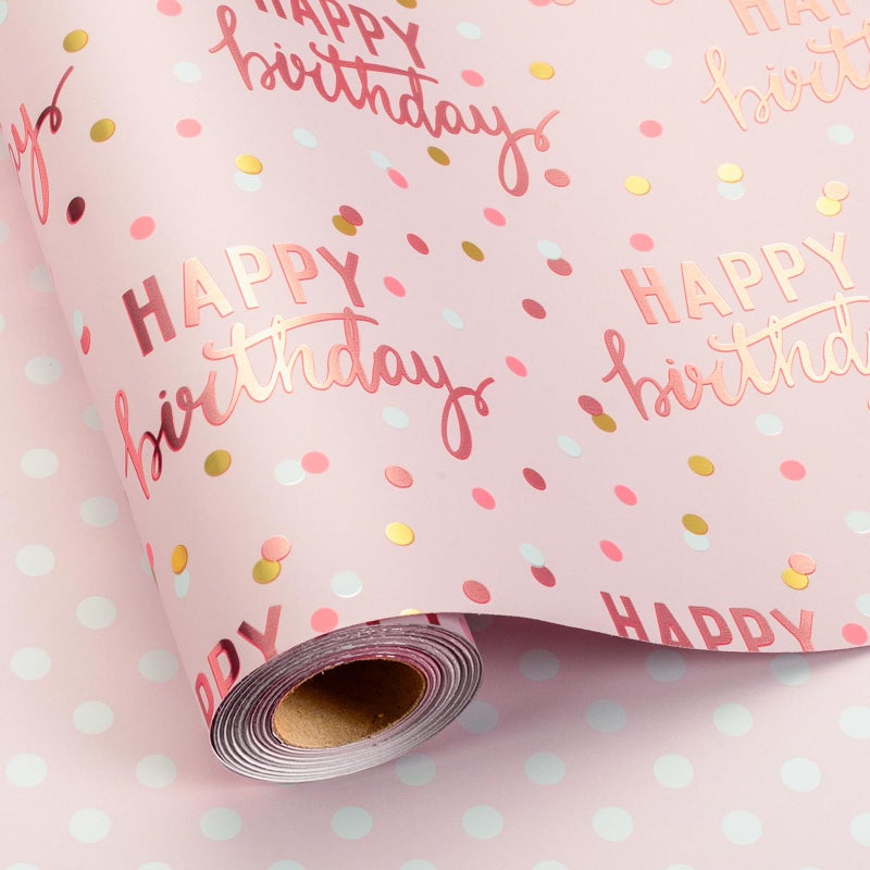 MAYPLUSS Reversible Pink Birthday Wrapping Paper Roll, Girl Gift Wrapping Paper, Metallic Foil Happy Birthday Pattern Girly Gift Wrap for Gift Packaging, Women Party, Celebrations (17 Inch x 33 Feet) - Image 1
