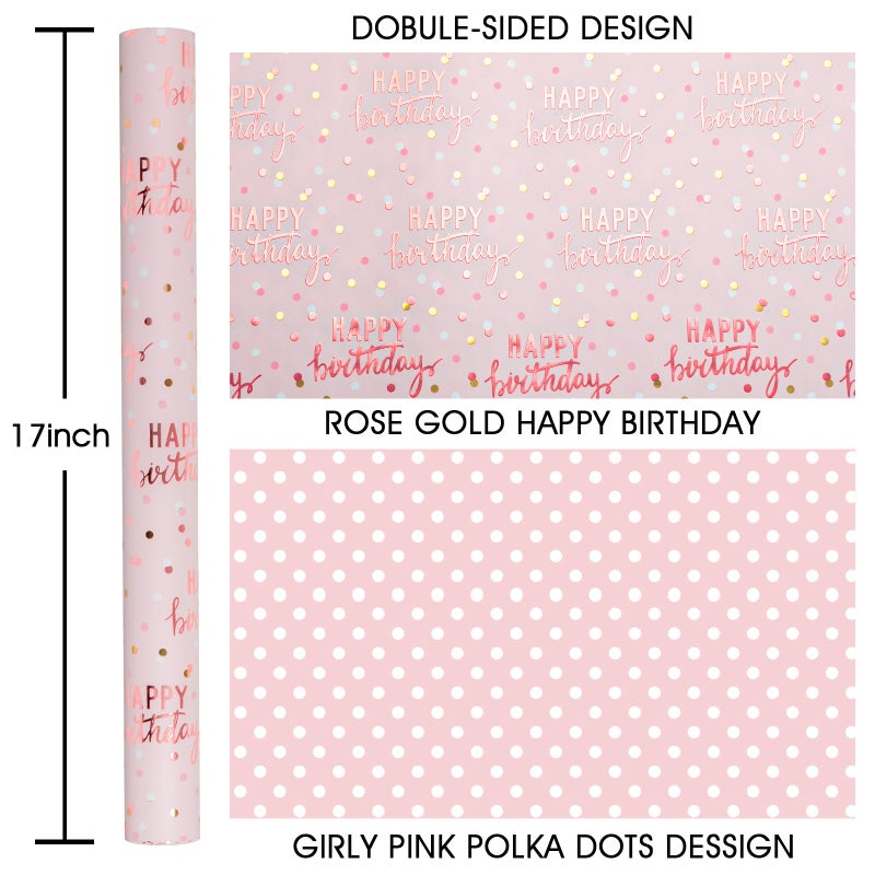 MAYPLUSS Reversible Pink Birthday Wrapping Paper Roll, Girl Gift Wrapping Paper, Metallic Foil Happy Birthday Pattern Girly Gift Wrap for Gift Packaging, Women Party, Celebrations (17 Inch x 33 Feet) - Image 3