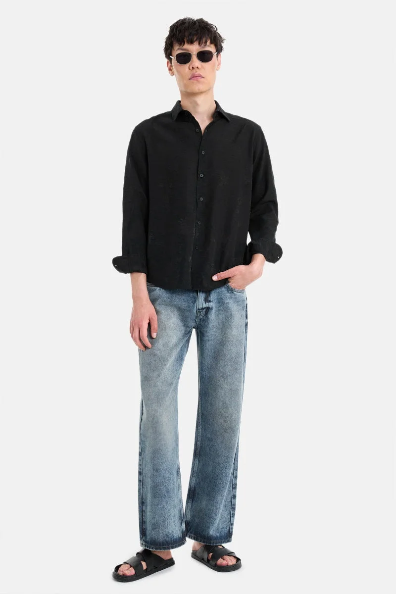 سنيتش Black Textured Long Sleeve Regular Fit Shirt