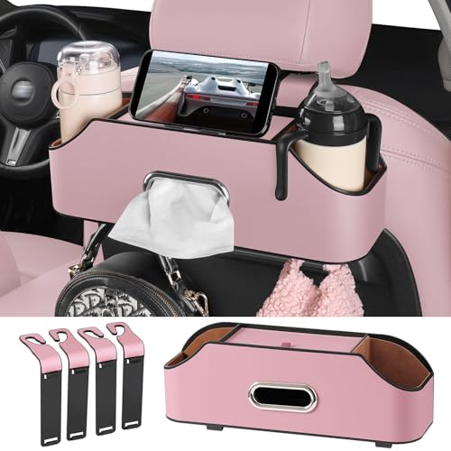 Sancaral Car Rear Backseat Extra Multifunctional Drink Cup Holder Organizers with Tissue Storage Box Organizer Hooks for Car Seat Back Pink - Image 1