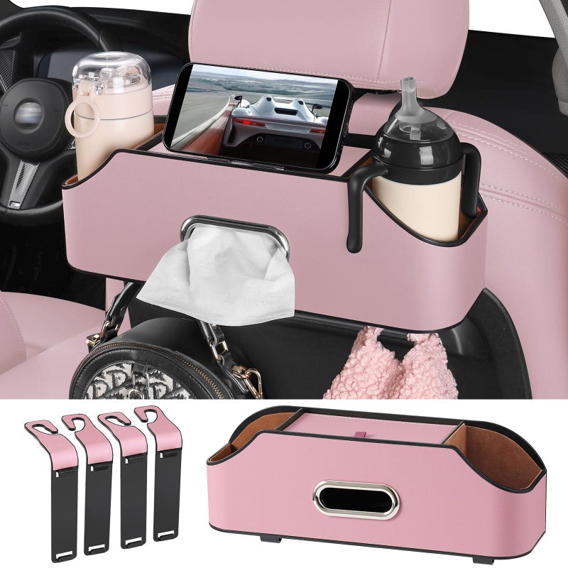 Sancaral Car Rear Backseat Extra Multifunctional Drink Cup Holder Organizers with Tissue Storage Box Organizer Hooks for Car Seat Back Pink - Image 3