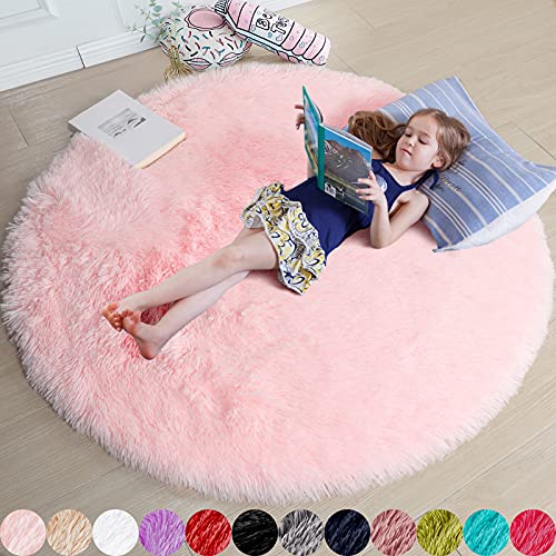 Amdrebio Light Pink Round Rug 4Ft for Girls Bedroom, Fluffy Circle Area Rugs for Kids Room Decor Aesthetic, Cute Shag Fuzzy Carpet for Nursery, Preppy Dorm, Classroom, Playroom, Teen, Baby, Washable - Image 1