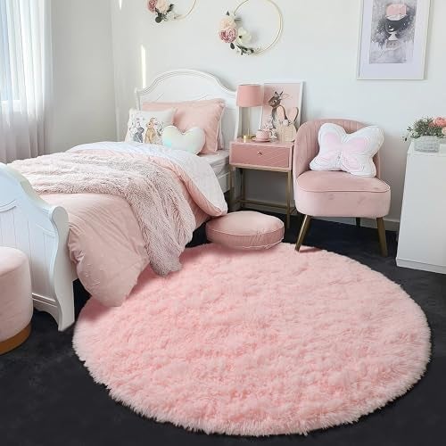 Amdrebio Light Pink Round Rug 4Ft for Girls Bedroom, Fluffy Circle Area Rugs for Kids Room Decor Aesthetic, Cute Shag Fuzzy Carpet for Nursery, Preppy Dorm, Classroom, Playroom, Teen, Baby, Washable - Image 4
