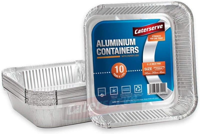 Caterserve 10 Aluminium Foil Trays with Lids - Large Tin Foil Containers with Paper Lids for Roasting, Baking, Broiling, Cooking, Food Storage and Freezing | 9 x 9 inch Square | by - Image 1