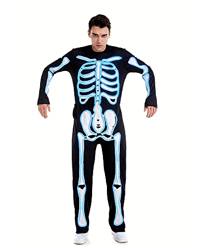 HSCTEK Light Up Skeleton Costume Adult Men Women Glow in The Dark Bone Cosplay Teen EL Wire Led Halloween Jumpsuit Blue XLarge - Image 3