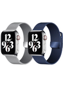 [set of 2] YOMNA Magnetic Metal Milanese Loop Band Compatible with Apple Watch Band 42mm 44mm 45mm 49mm, Mesh Strap Replacement for iWatch Series Ultra SE 8 7 6 5 4 3 2 1 (Silver/Navy Blue)