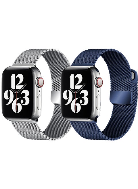 [set of 2] YOMNA Magnetic Metal Milanese Loop Band Compatible with Apple Watch Band 42mm 44mm 45mm 49mm, Mesh Strap Replacement for iWatch Series Ultra SE 8 7 6 5 4 3 2 1 (Silver/Navy Blue)