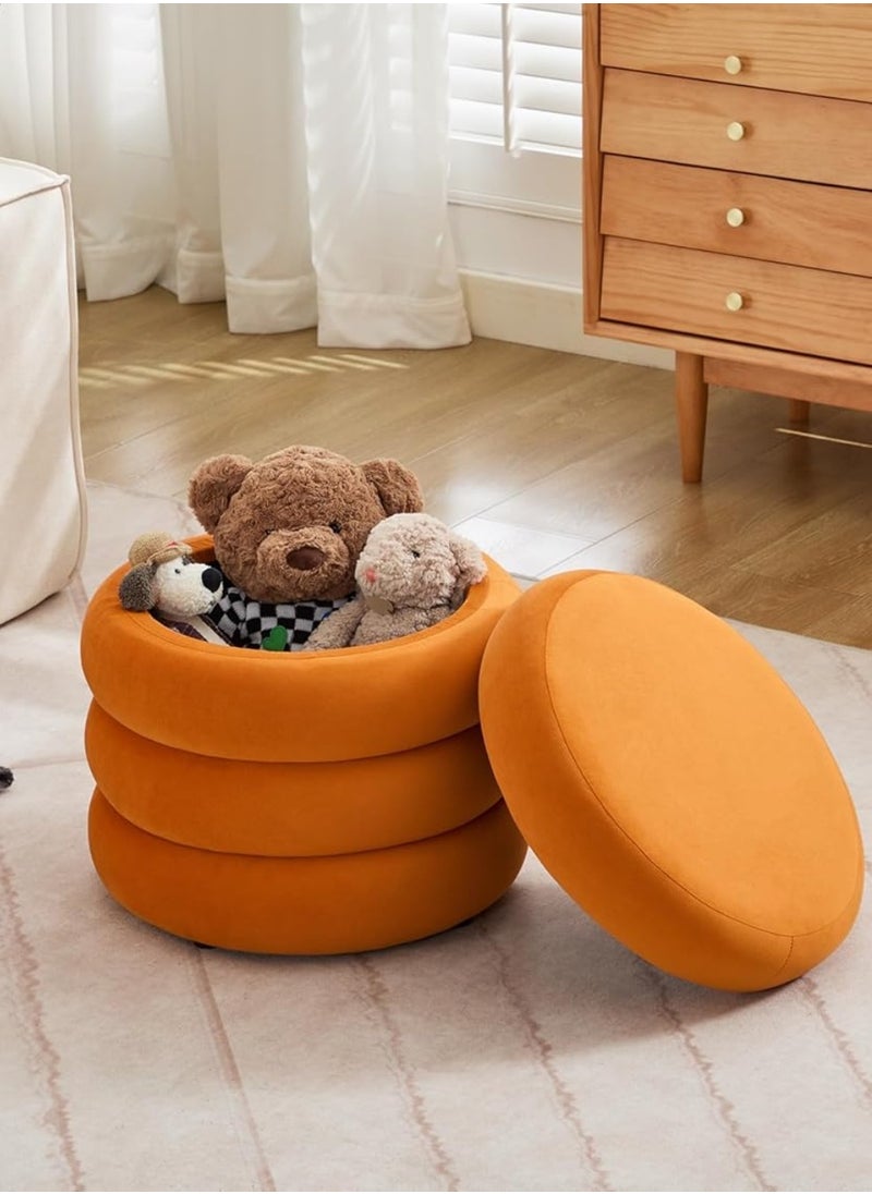 Nice Home Elegant Orange Velvet Storage Ottoman – Round Vanity Stool with Hidden Compartment, Soft Padded Seat & Wooden Base for Bedroom and Living Room  - Image 1