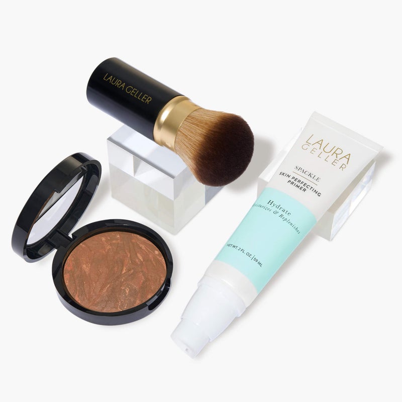 LAURA GELLER NEW YORK Laura's Must-Haves Kit 3pc: Baked Balance-n-Brighten Powder Foundation, Deep + Spackle Skin Perfecting Makeup Primer, Hydrate + Airbrush Round Kabuki Brush - Image 1